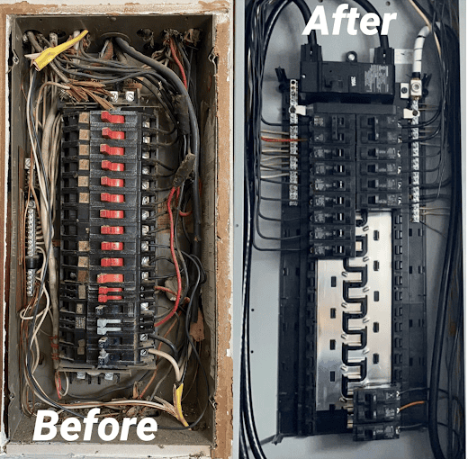 Electrical box before repairs and after My Home Electrician repairs